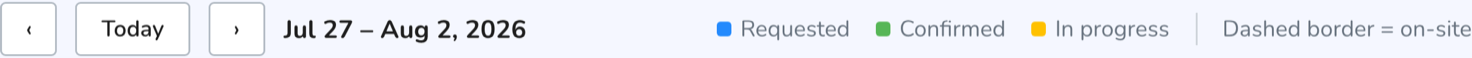 Calendar legend with status colours and the dashed border for on-site jobs