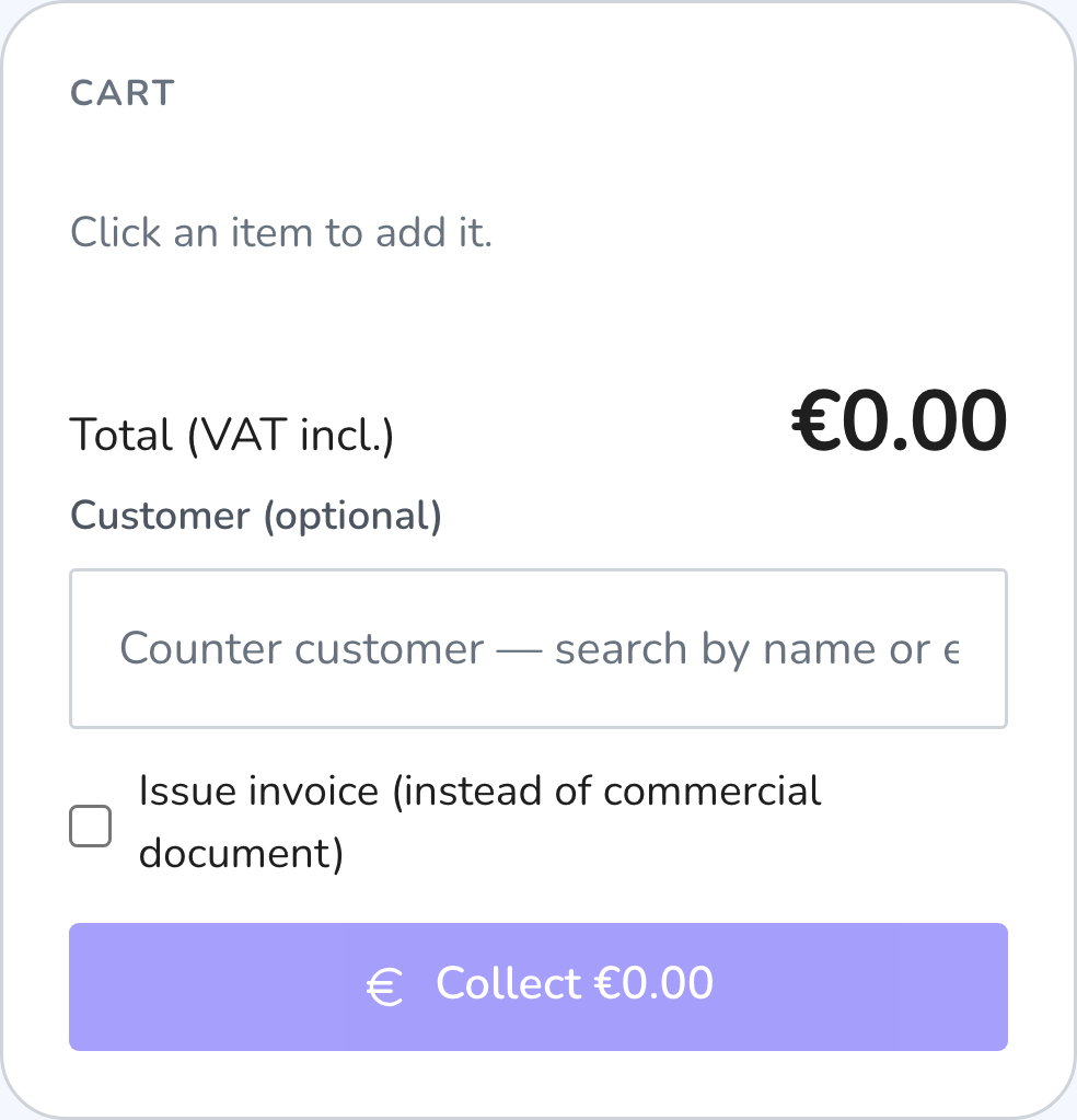 Counter sale cart panel with three items and the total
