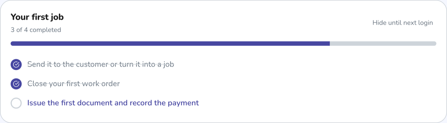 The same card after the first closed job, with three of four steps completed