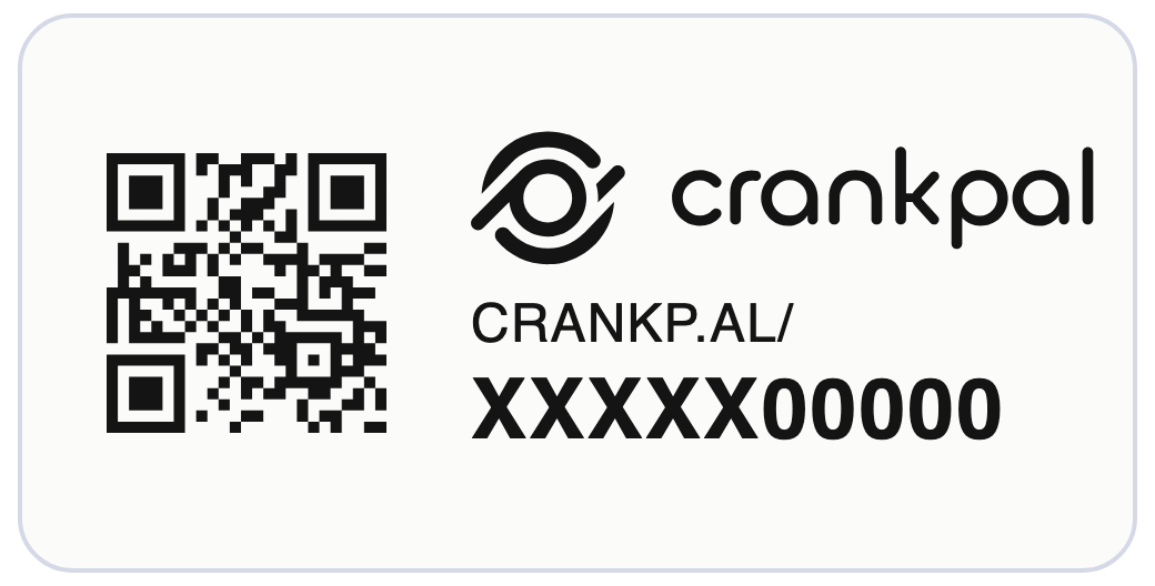 An enlarged CrankPal Tag: the QR code on the left, the CrankPal logo, the CRANKP.AL/ address and the 10-character code on the right.