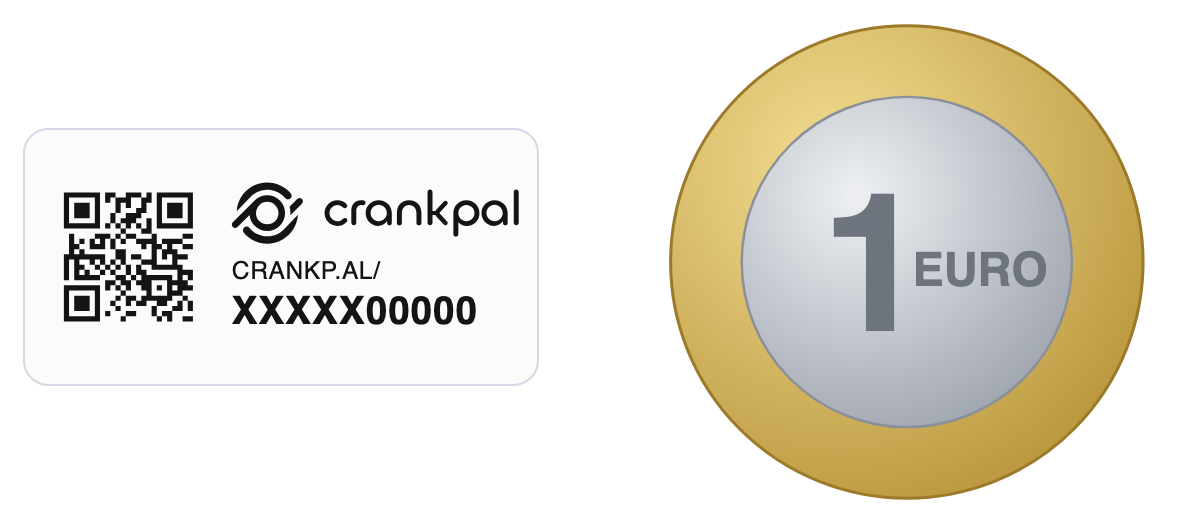 A CrankPal Tag next to a 1 euro coin, at the same scale.