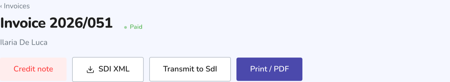 Invoice action bar: record payment, credit note, SDI XML, transmit and print