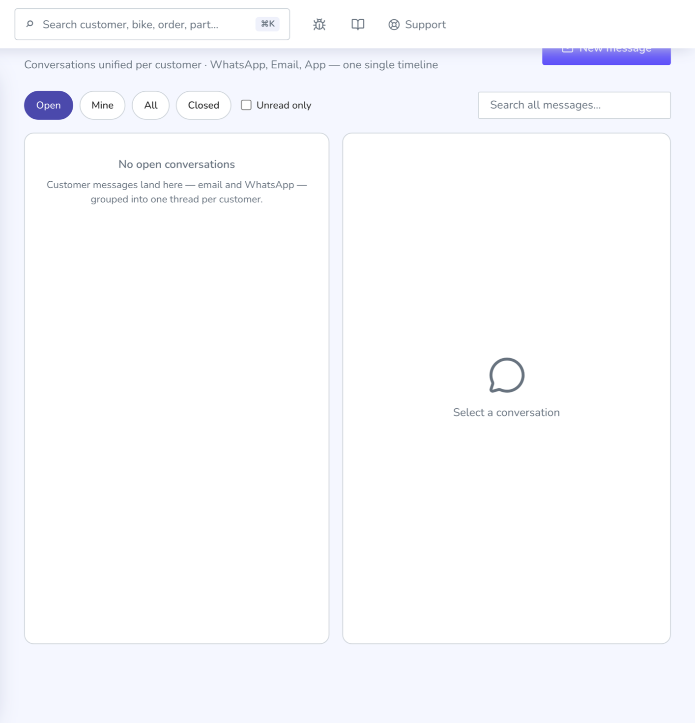 Conversation list with a dot next to each row showing which channel it came from