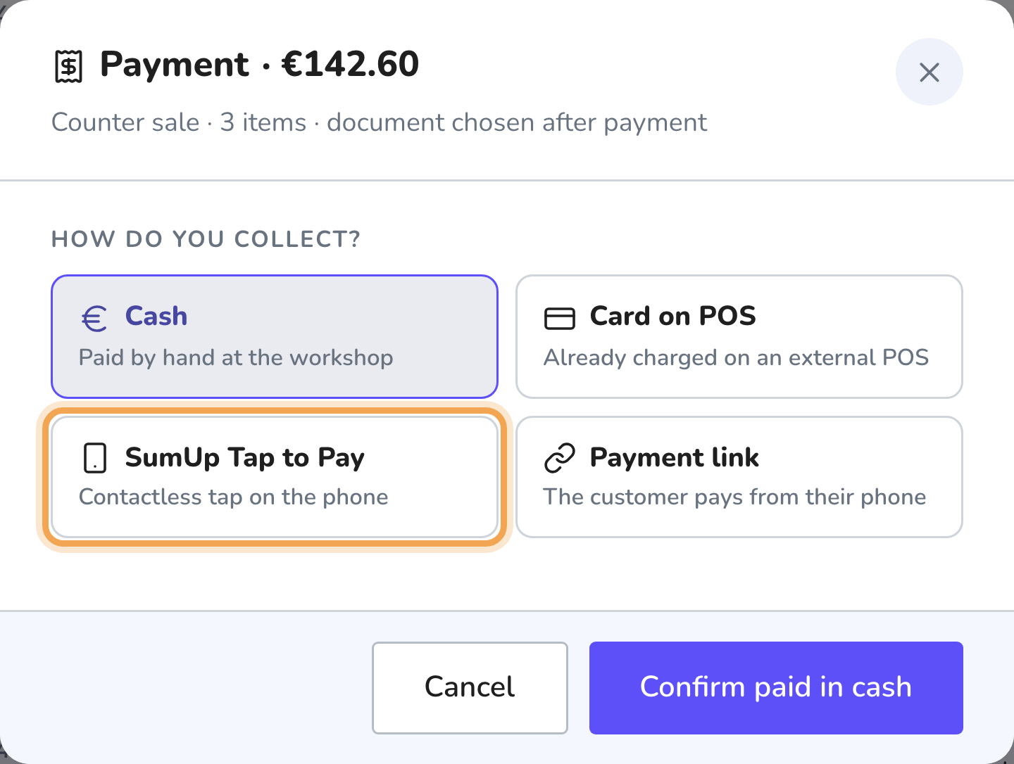 Payment window with cash, card on terminal, SumUp Tap to Pay and payment link