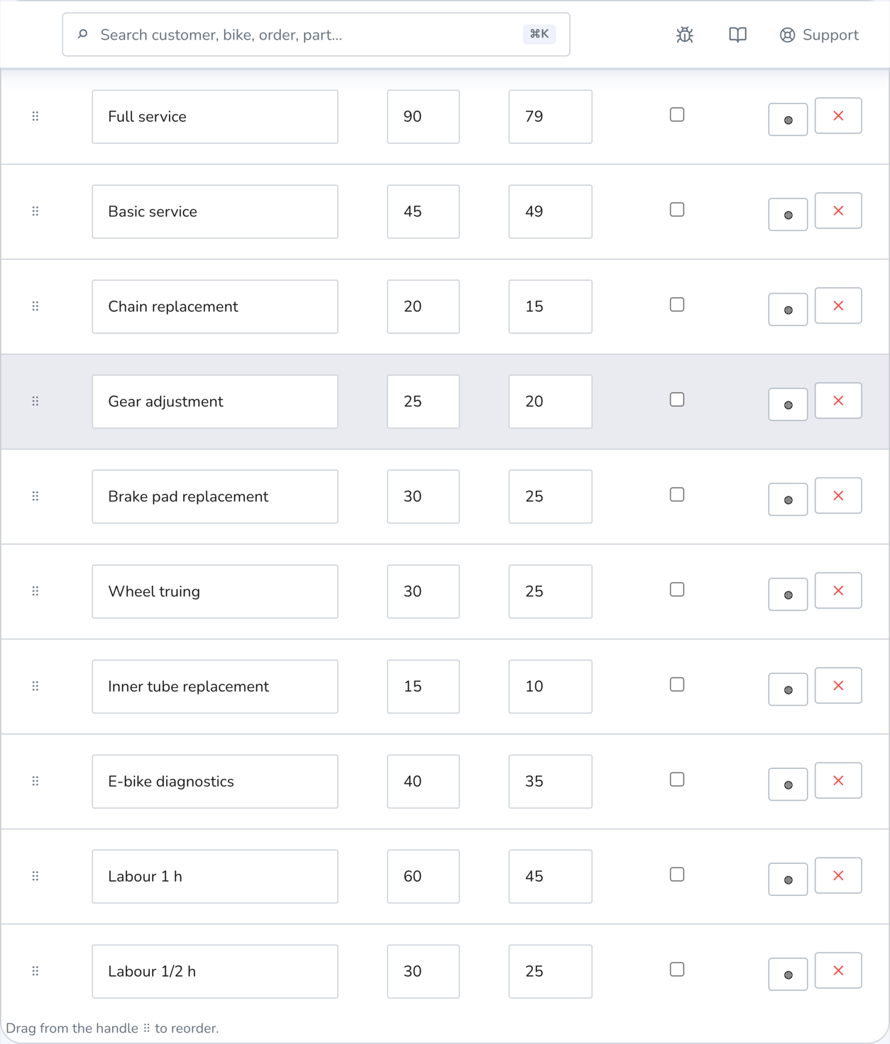 Service catalog with description, estimated duration and price