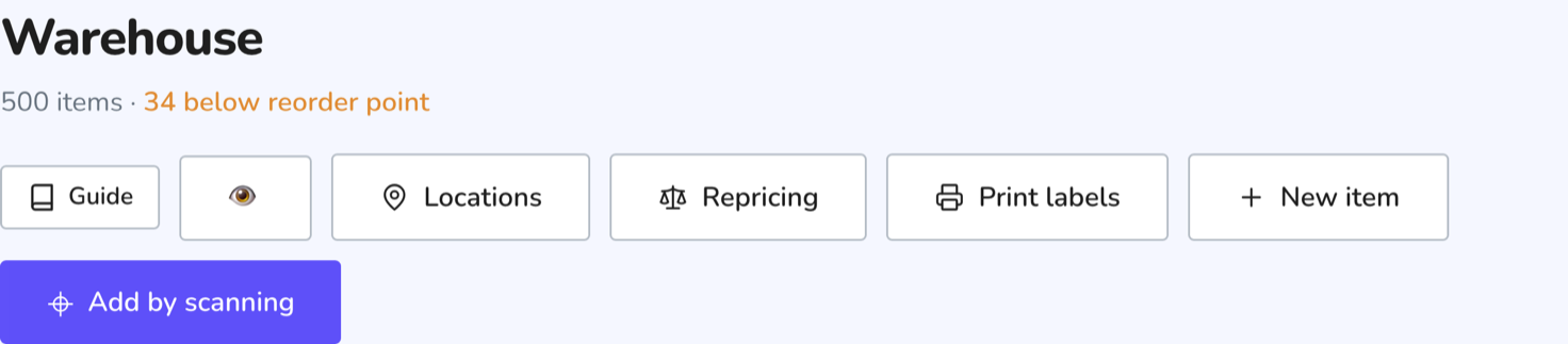 Inventory header with the item total and how many are below the reorder point