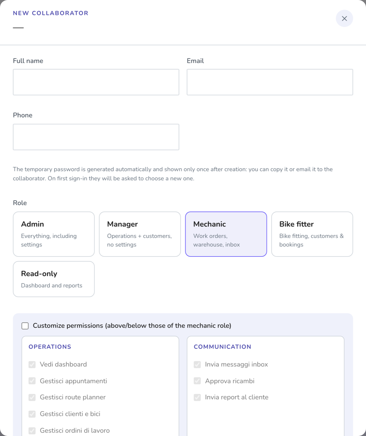 Dialog to add a team member: name, email, phone and role choice