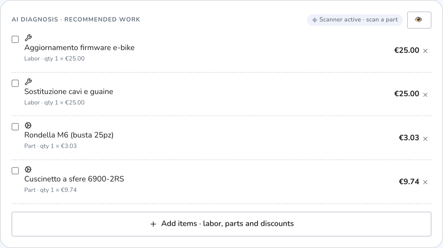 List of job lines, each with its own tick box and price