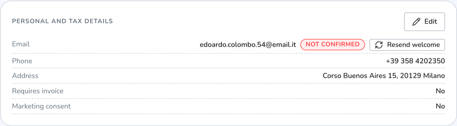 Customer record with personal details, contacts and tax data