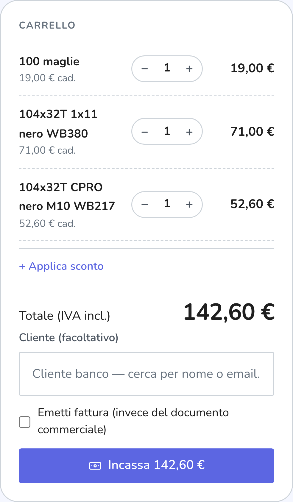 Pannello del carrello della vendita al banco con tre articoli e il totale
