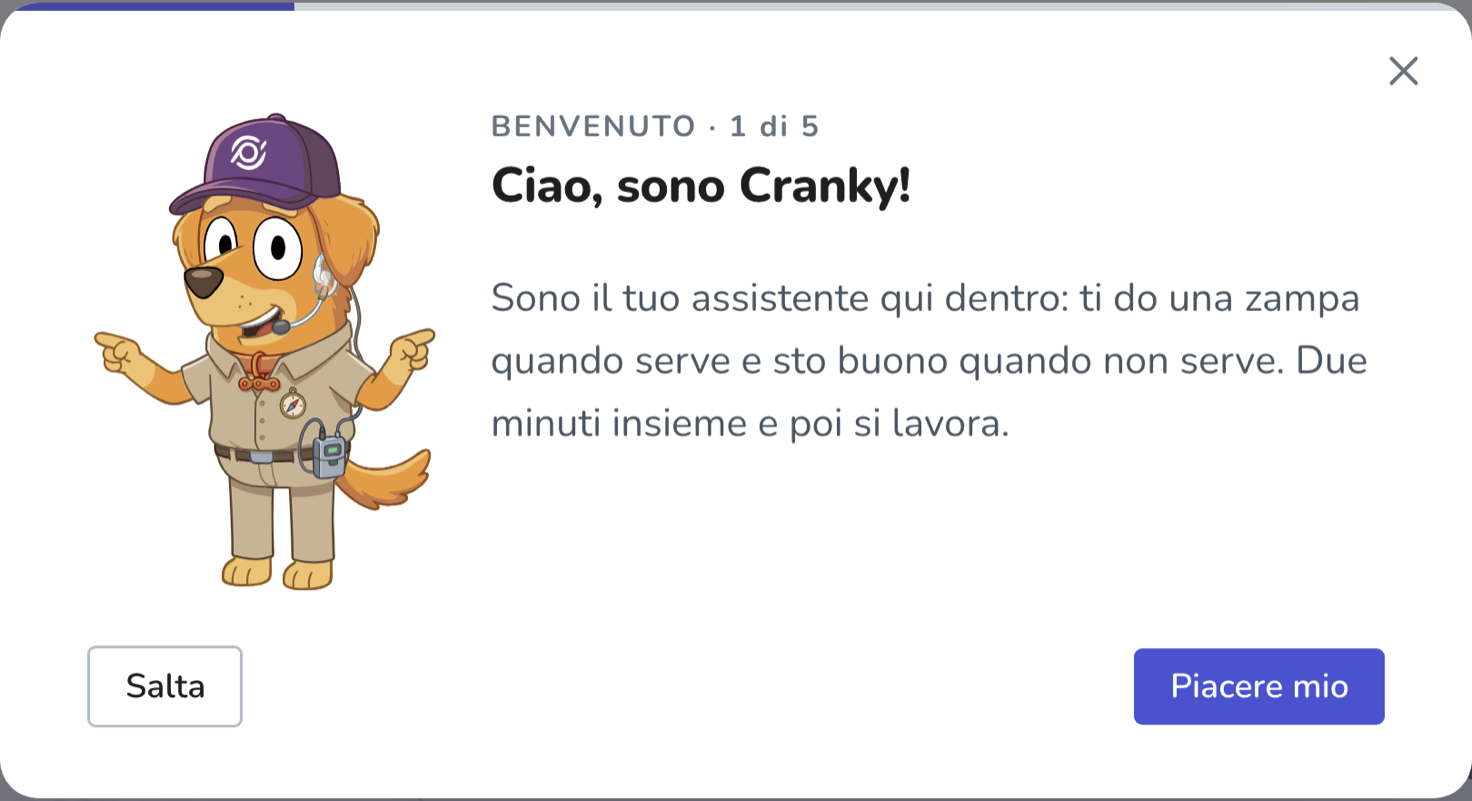 La finestra di benvenuto con Cranky che si presenta, il contatore dei passi e i pulsanti per saltare o proseguire