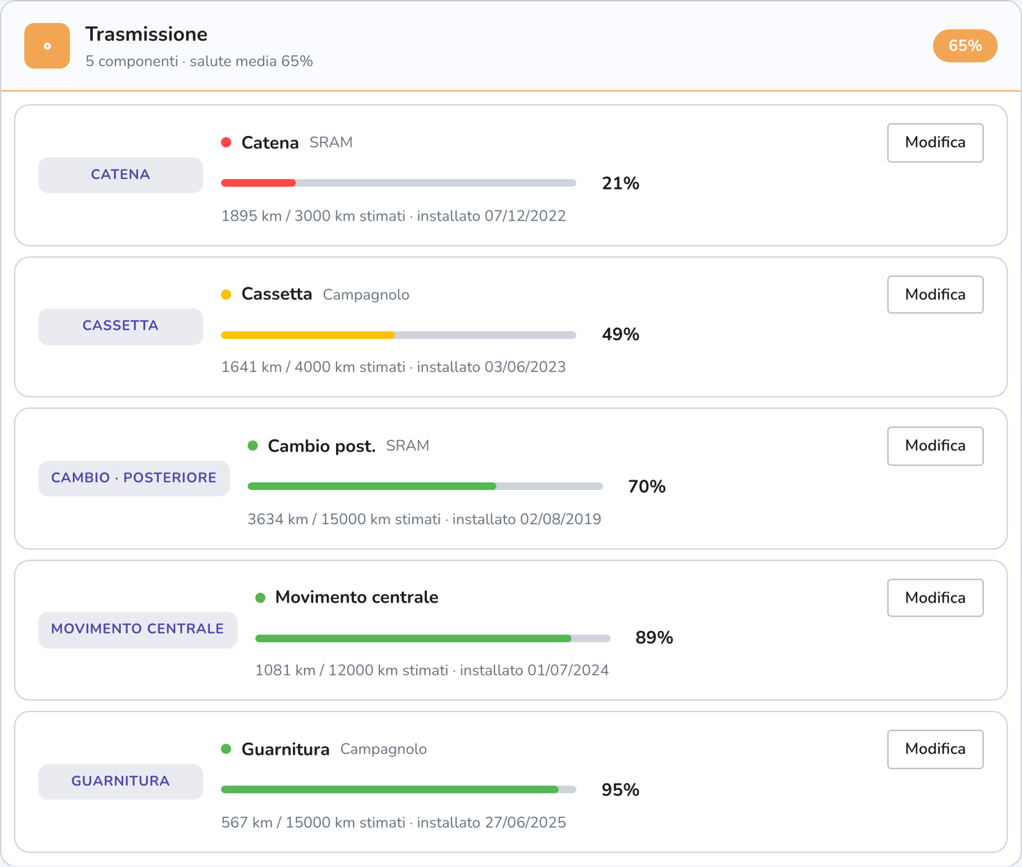 Componenti della trasmissione con la percentuale di usura, i chilometri e la data di installazione