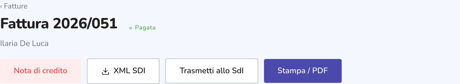 Barra delle azioni di una fattura: registra incasso, nota di credito, XML SDI, trasmetti e stampa