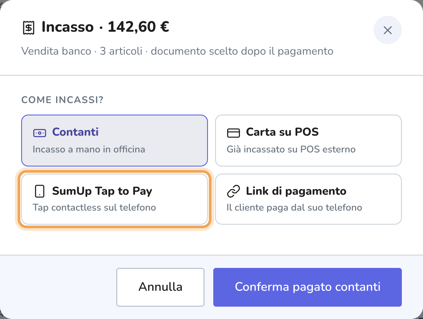 Finestra di incasso con contanti, carta su POS, SumUp Tap to Pay e link di pagamento