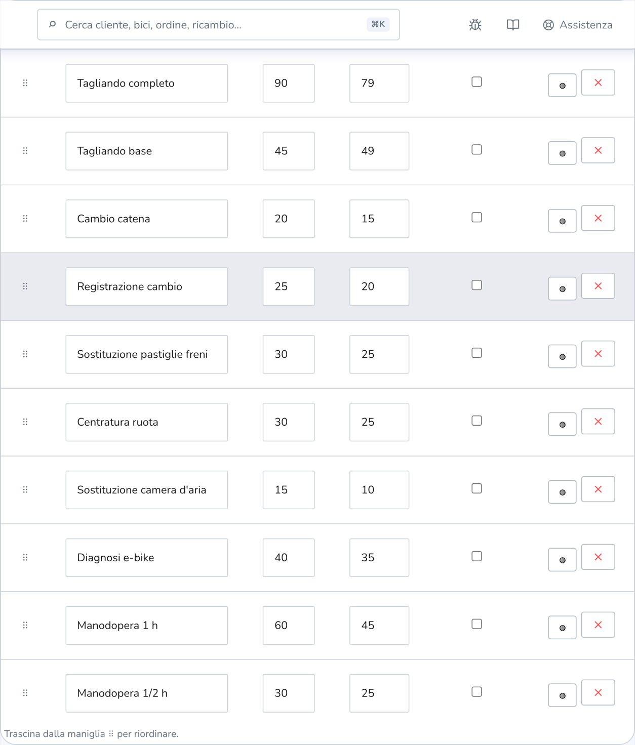 Listino degli interventi con descrizione, durata stimata e prezzo