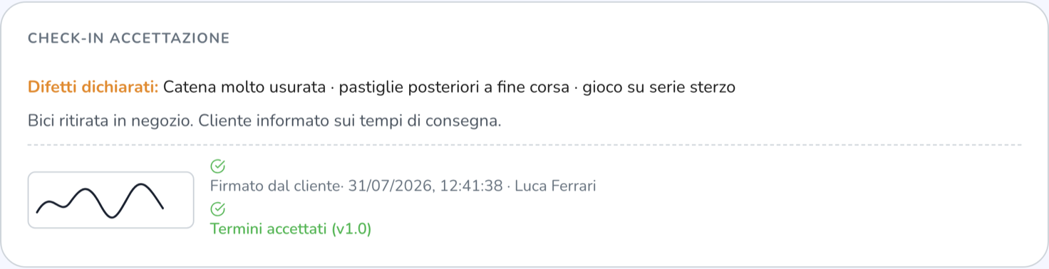 Riquadro del check-in di accettazione con difetti dichiarati, note e firma del cliente