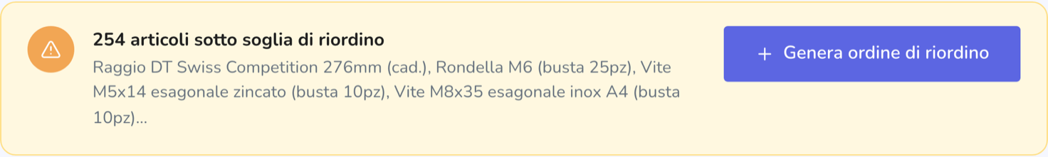 Il pannello con il numero di articoli scesi sotto la soglia di riordino e il pulsante per generare l'ordine